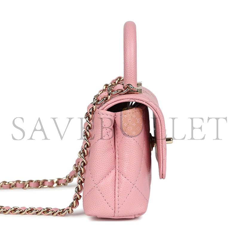 Ch**el master grained calfskin nano coco top handle flap bag light gold hardware pink ap4245 (11*9*5cm)